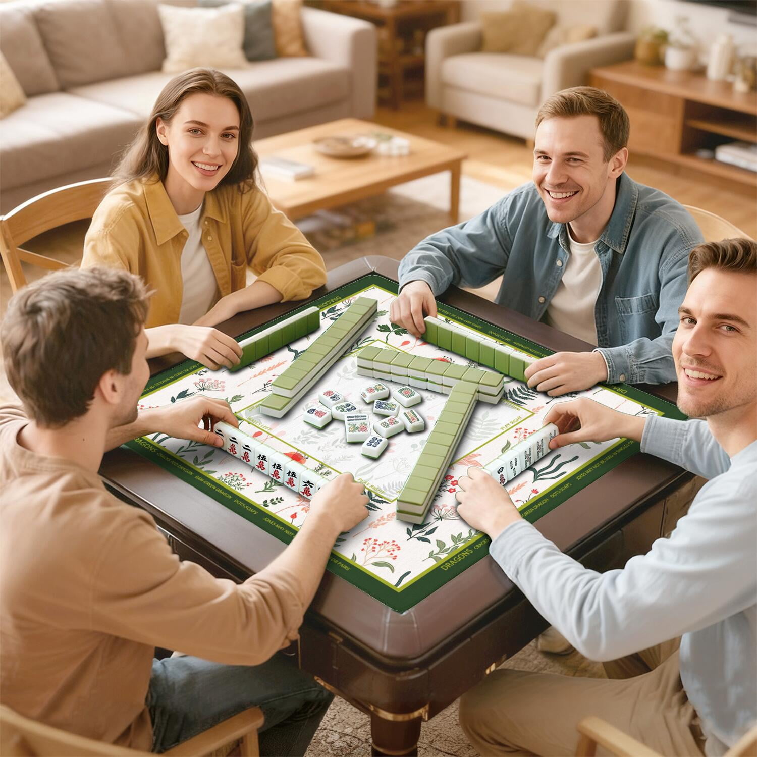 Green Mahjong Mat with Rules, 31.5*31.5in Anti Slip American Mahjong Mat for Table, Noise Reduction, Neoprene Mah jongg Mats with Carrying Bag & 3 Dices, Mahjong Set Gift, Board Tile Games Mats