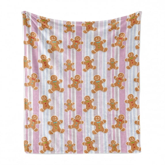 Gingerbread Man Soft Flannel Fleece Throw Blanket, Kids Pattern with Pastel Colored Striped Backdrop Bakery Xmas Goodies, Cozy Plush for Indoor and Outdoor Use, 60" x 80", Multicolor, by Ambesonne