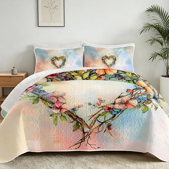 Davulos Floral Quilts for King Bed,3 Pieces Floral Heart Wreath Lightweight Bedspreads Coverlet Set,Soft Microfiber Romantic King Bedding Set for All Season