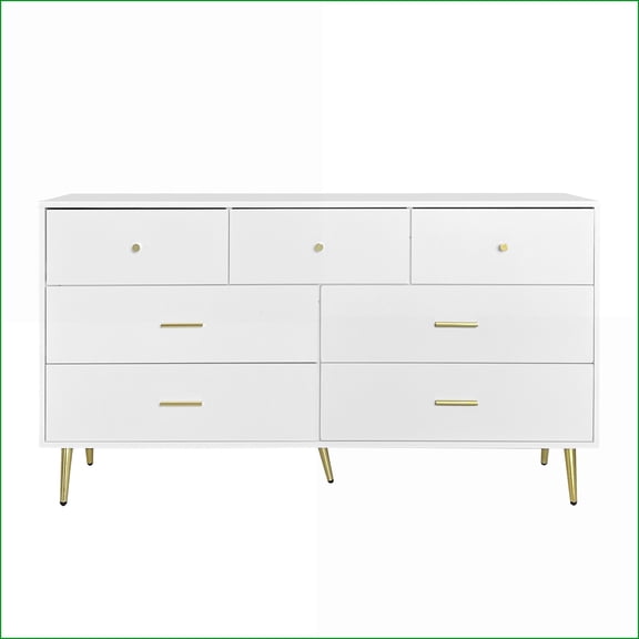 Chest of Drawers, 7-Drawer Modern White Dresser with Gold Accents | Matte White | Particle Board