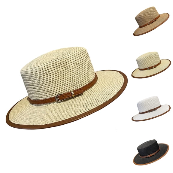 Classic Straw Boater Hat for Women Elegant Leather Band Flat Top Sun Hat Wide Brim Packable Beach Panama Cap Summer UV Protection Fedora Tea Party Dress Hat