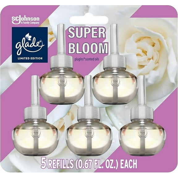 Glade PlugIns Refills Air Freshener, Scented and Essential Oils for Home and Bathroom, Super Bloom, 3.35 Fl Oz, 5 Count