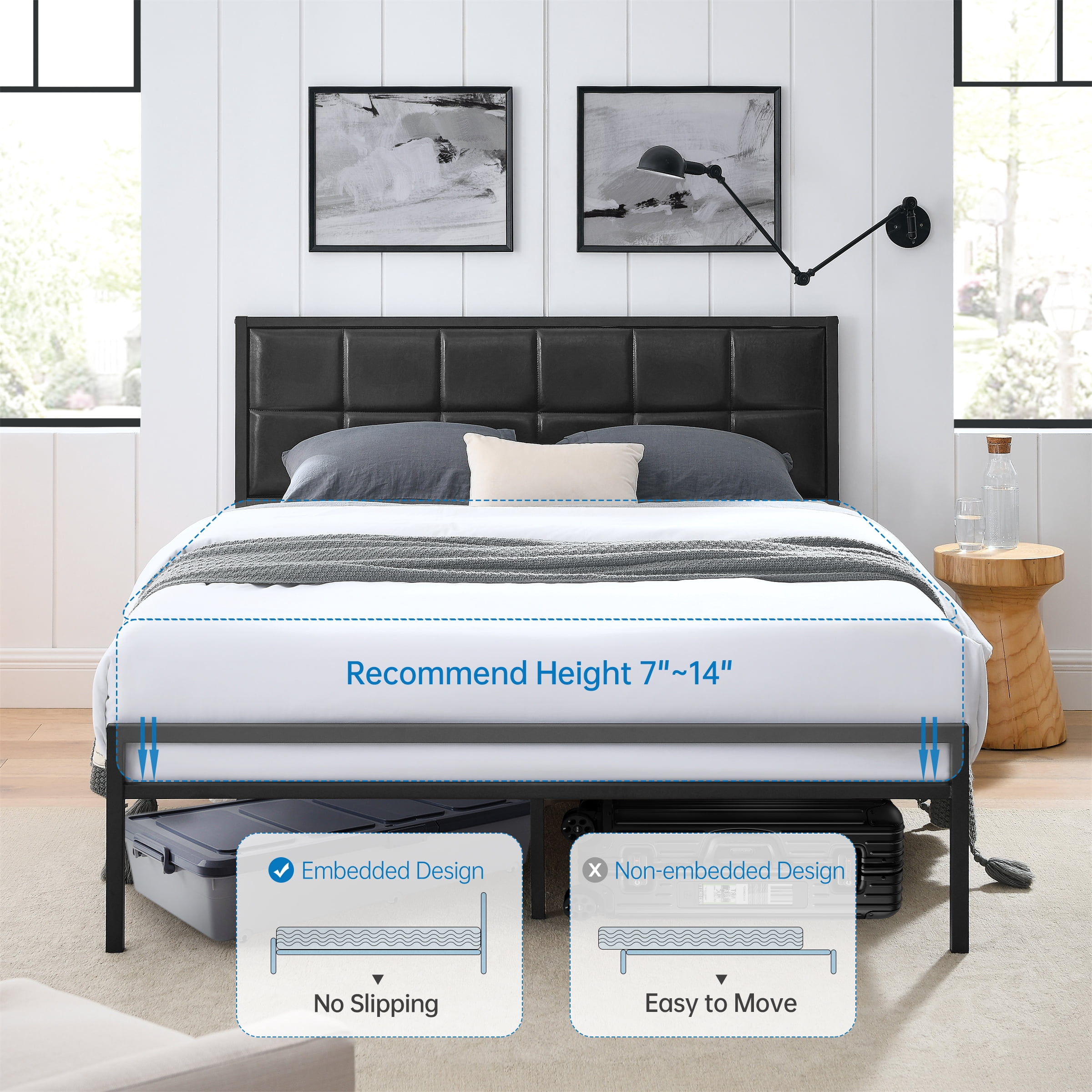 BSHTI QUEEN Size Platform Bed Frame, with Upholstered Headboard, Adjustable Headboard, Faux Leather Upholstery, and Center Support Leg, Easy Assembly Black