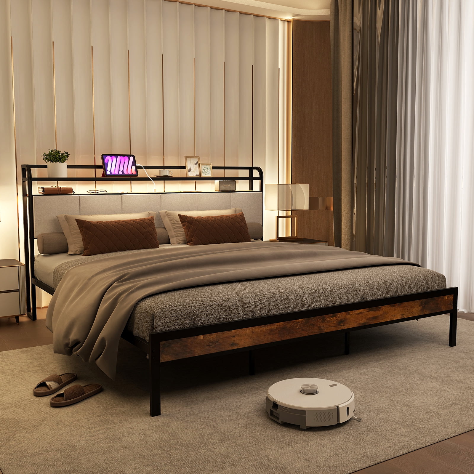 Topbuy King Size Bed Frame w/Charging Station Metal Platform Bed w/ Upholstered Headboard