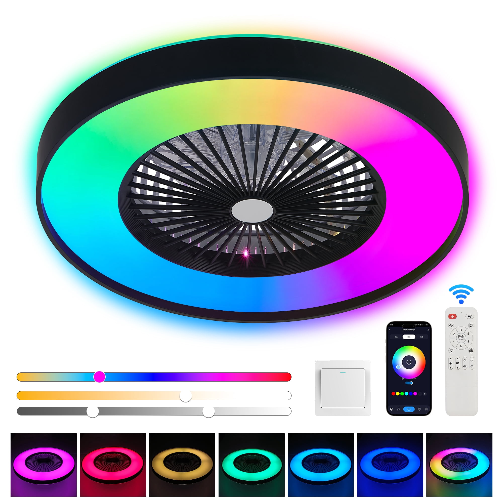 Low Profile Ceiling Fan with RGB Lights 23 Inch Enclosed Bladeless Fan for Bedroom Living Room