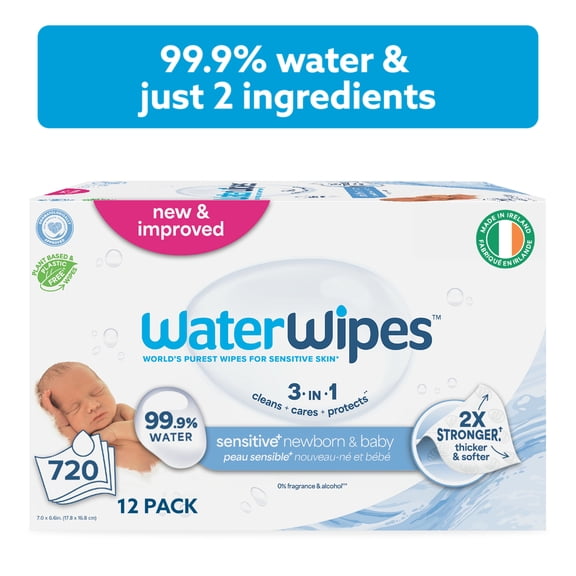 WaterWipes Sensitive+ Newborn & Baby Wipes, 3-In-1 Cleans, Cares, Protects, 99.9% Water, Unscented & Hypoallergenic