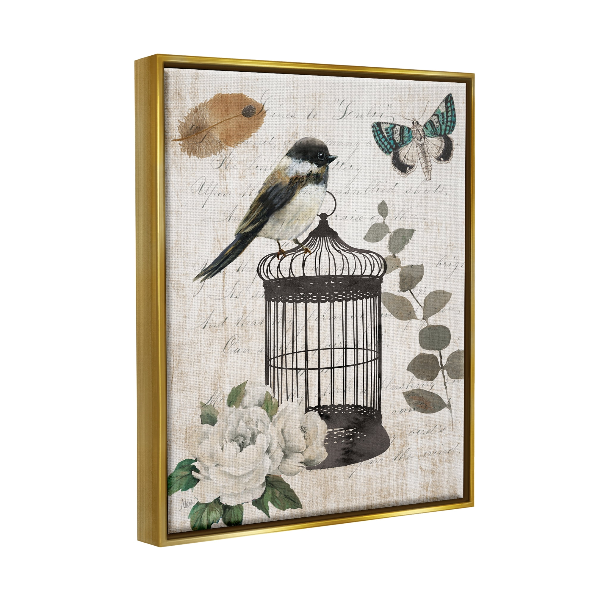 Stupell Industries Vintage Bird Cage Butterfly Floral Script Words Graphic Art Metallic Gold Floating Framed Canvas Print Wall Art, Design by Nan