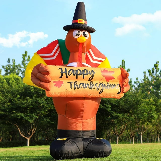 DeeKom Decoraciones Inflables para Exteriores de Acción de Gracias de 8 Pies Pavo Inflable Gigante con Pancarta, Luces LED Incorporadas para Fiestas en el Jardín, Festivales y Celebraciones