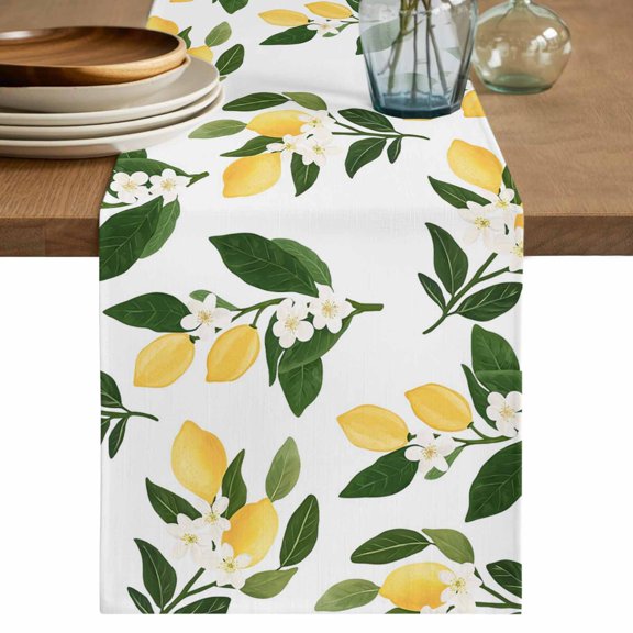 Lemons Leaves Table Runner 36 Inches, Summer Fruits Floral Botanical Bed Runner Dresser Scarves Tabletop for Indoor Outdoor Parties/Ceremony/Banquet, 13"x 36"