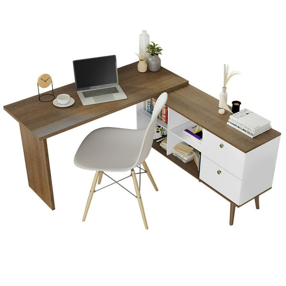 Madesa L Shaped Desk with 2 Drawers and 4 Storage Shelves, 59 in L - White/Brown