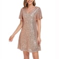 thumbnail image 7 of Daiosportswear Women'S V Neck Sequin Sparkly Short Sleeve Tunic Tshirt Dress Loose Glitter Cocktail Party Mini Dress,Women'S Short-Sleeved Dress Gold 10(XL), 7 of 7