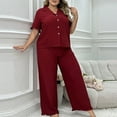 thumbnail image 4 of Chbgutlmr 2 Piece Sets for Women Plus Size Lapel Neck Button up Short Sleeve Shirts Loose Pants Homewear, 4 of 5