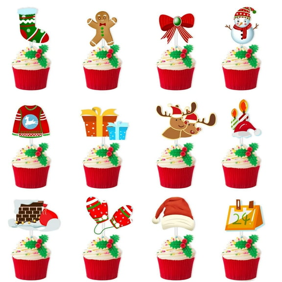 24Pcs Christmas Cupcake Toppers Xmas Cupcake Decoration Food Fruit Picks Cake Picks