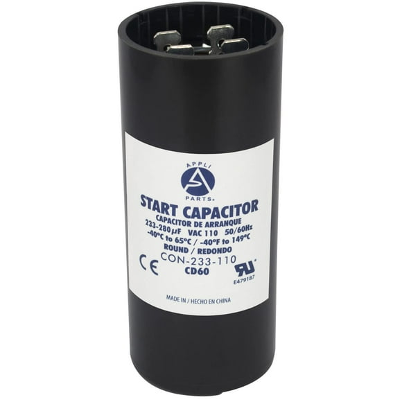 Appli Parts Motor Start Capacitor 233-280 Mfd (microfarads) uF 110-125 VAC Universal fit for Electric Motor Applications 1-7/16 in Wide 3-3/8 in Height CON-233-110