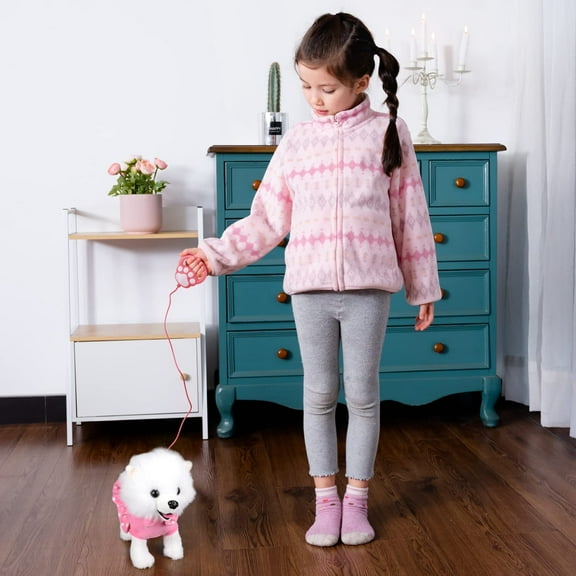 Walking Pomeranian Interactive Electronic Pet,Dog Toy Remote Control Leash,Animated Puppy Nodding Barking Wagging Tail Gift for Kids Toddler Gifts Birthday