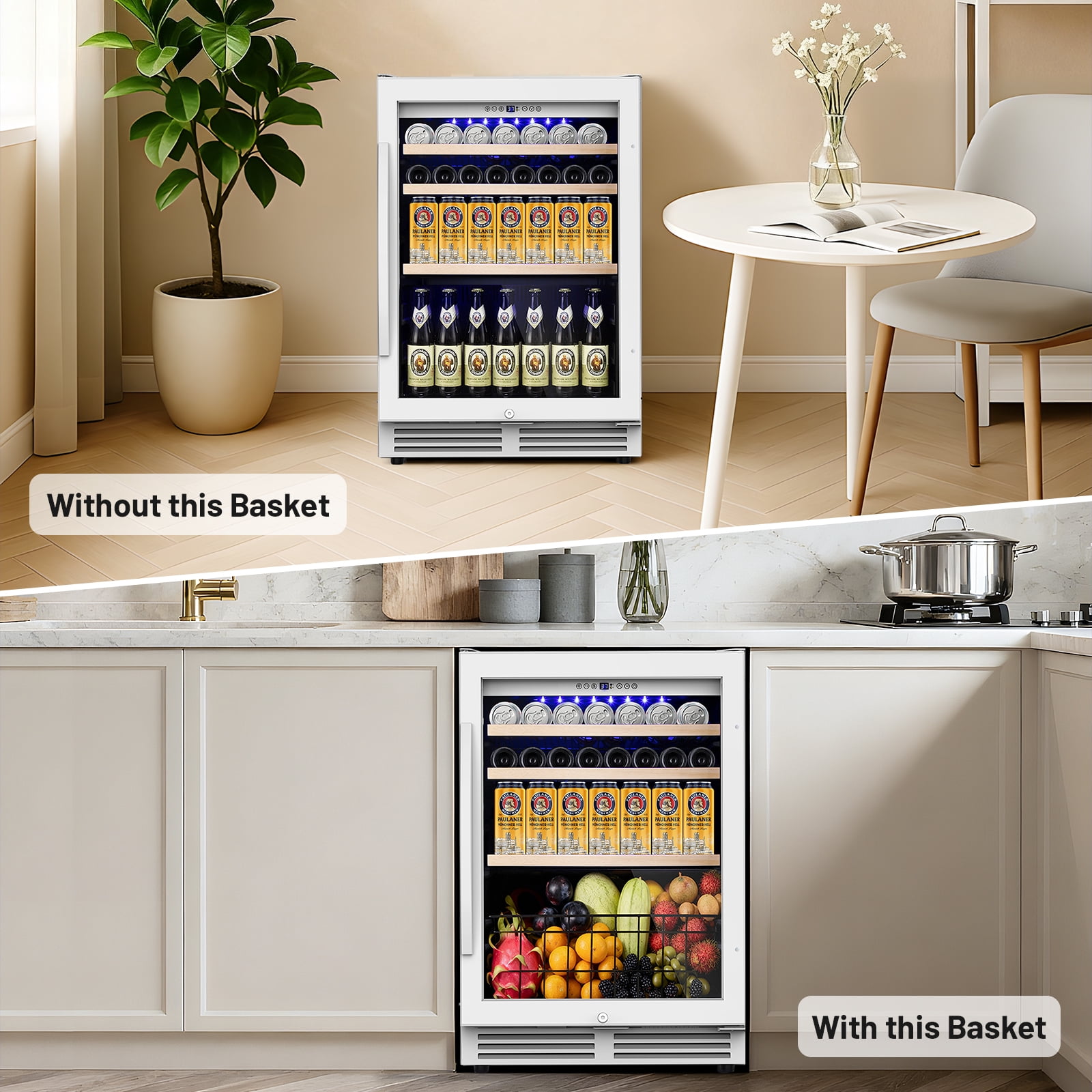 TITTLA 24 inch Beverage Refrigerator,180 Cans Under Counter Beverage Cooler with Glass Door for Kitchen Bar Office,White