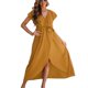 thumbnail image 1 of Vestido largo para mujer, cuello en V, cinturón, manga con volantes, envoltura lateral, vestido con dobladillo ancho de color puro para damas y niñas, amarillo S, 1 of 7