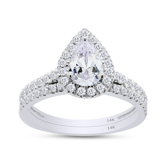 14K White Gold Pear Diamond Lab Grown Created Halo Bridal Wedding Ring Band Set 1 Cttw Jewelry For Women (Color-H-I, Clarity-VS-SI) EGL Certified Ring Size - 4