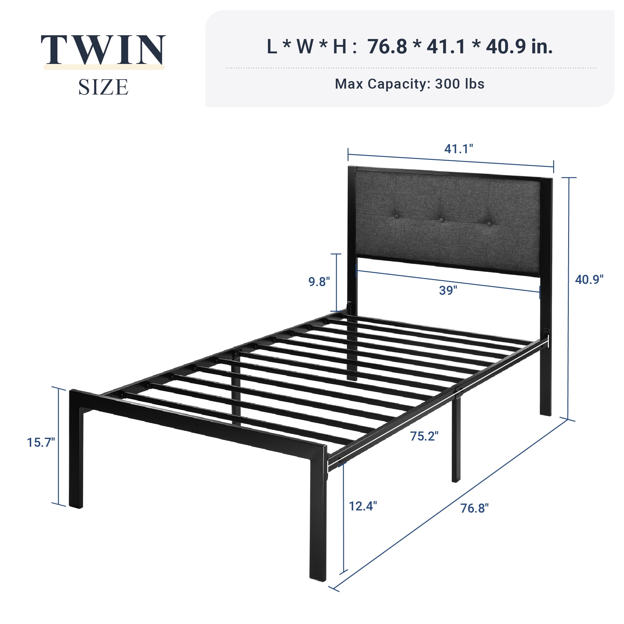 Allewie Twin Size Metal Platform Bed Frame with Linen Fabric Button Tufted Headboard, Under-Bed Storage, Grey