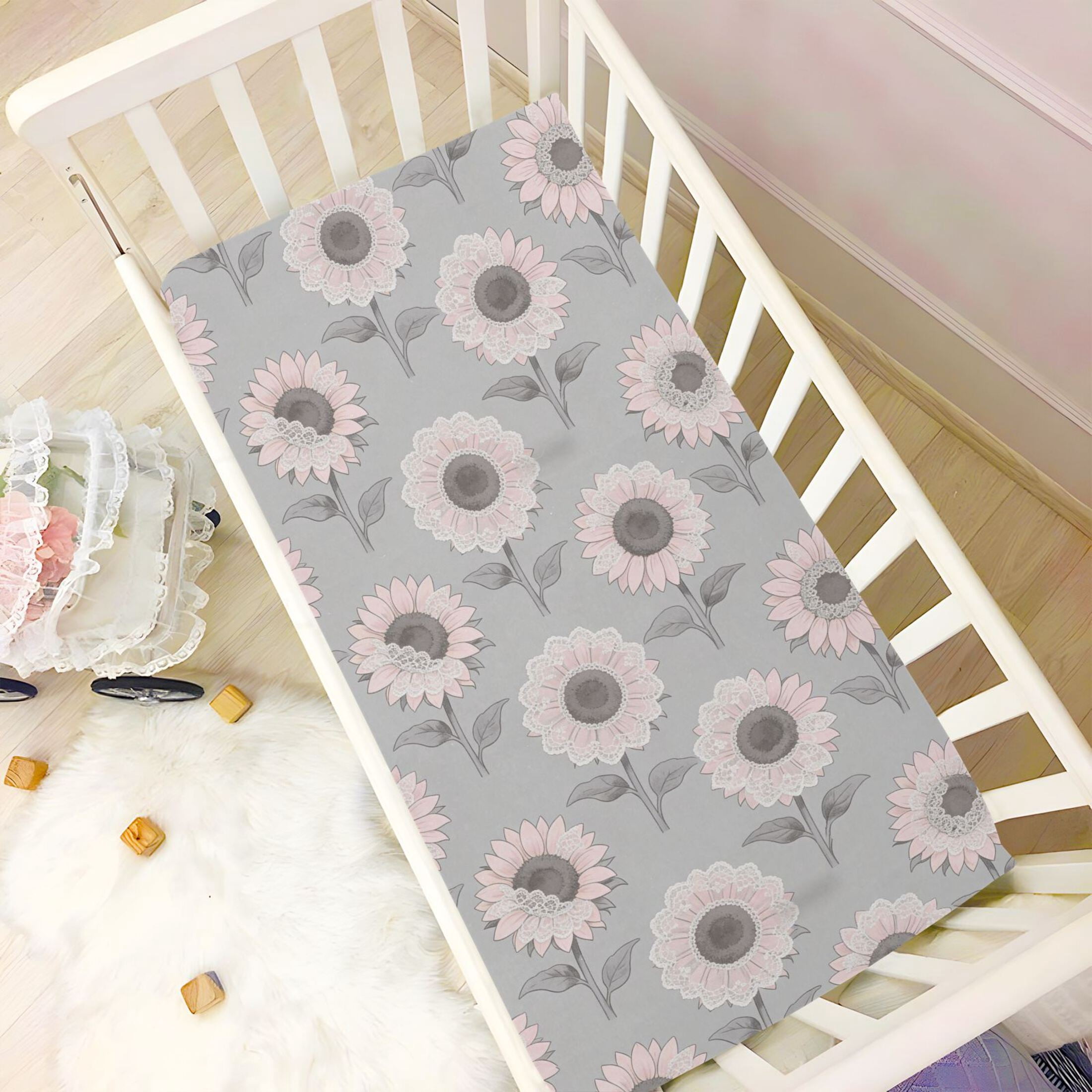 Baby Essentials 52”x 28”- Standard Cotton-like Modal Elastic- Gray Sunflower Design Crib Sheets for Newborns and Toddlers
