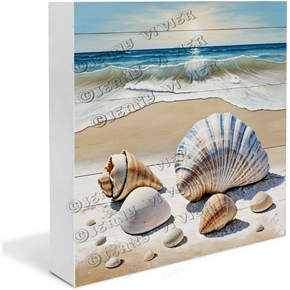 Blue Beach Seashells Wooden Box Sign Gifts for Men Funny Beach Table Decor Boho Cafe Decor Shelf Decorations for Home Wood Block Signs For Shelf Desk Decoration 7x7 In
