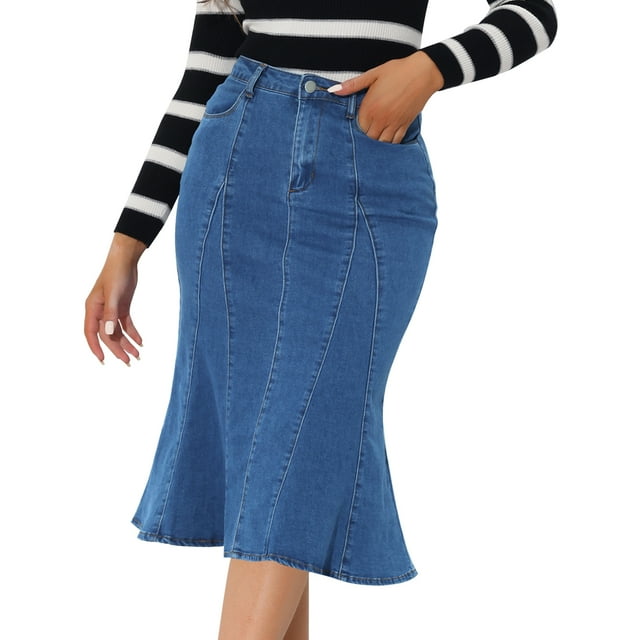 Allegra K Falda vaquera casual de cintura alta con volantes y cola de pez para mujer Azul XL