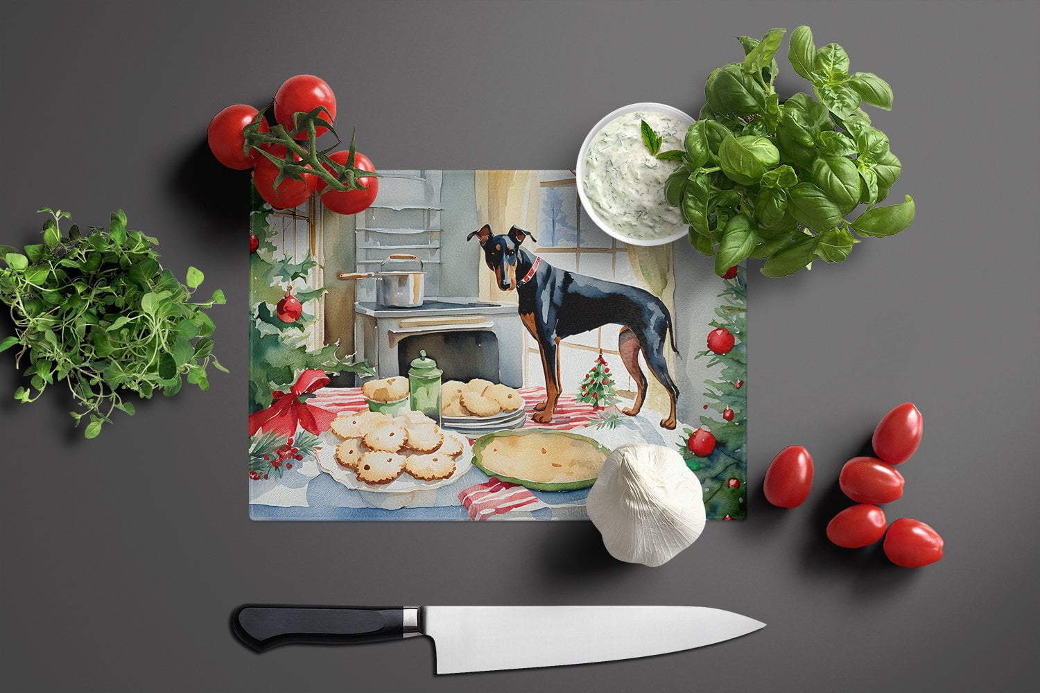 Doberman Pinscher Christmas Cookies Glass Cutting Board 12 in x 15 in