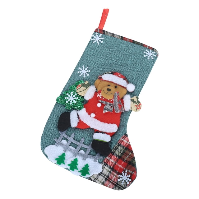 Navidad. Bolsa de tela para calcetines navideños y adorno navideño para colgar para decorar fiestas y conjunto navideño rojo con dibujos animados.
