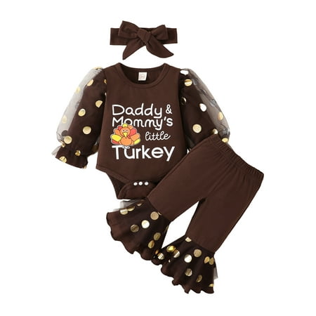 

Baby Girls Thanksgiving Pants Set Romper + Flare Pants + Headband