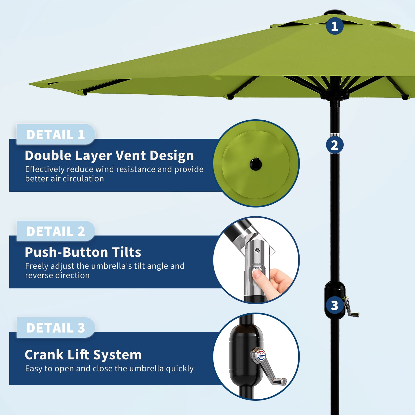 9FT Patio Umbrella Outdoor, Table Umbrella with Push Button Tilt and Crank, 8 Sturdy Ribs UV Protection Waterproof for Garden, Pool, Market, Deck