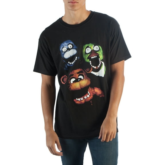 FNAF Film Style Group T-Shirt, Creepy Animatronics Chica Bonnie Freddy Fazbear's Pizza, Black Fitted Tee-Medium