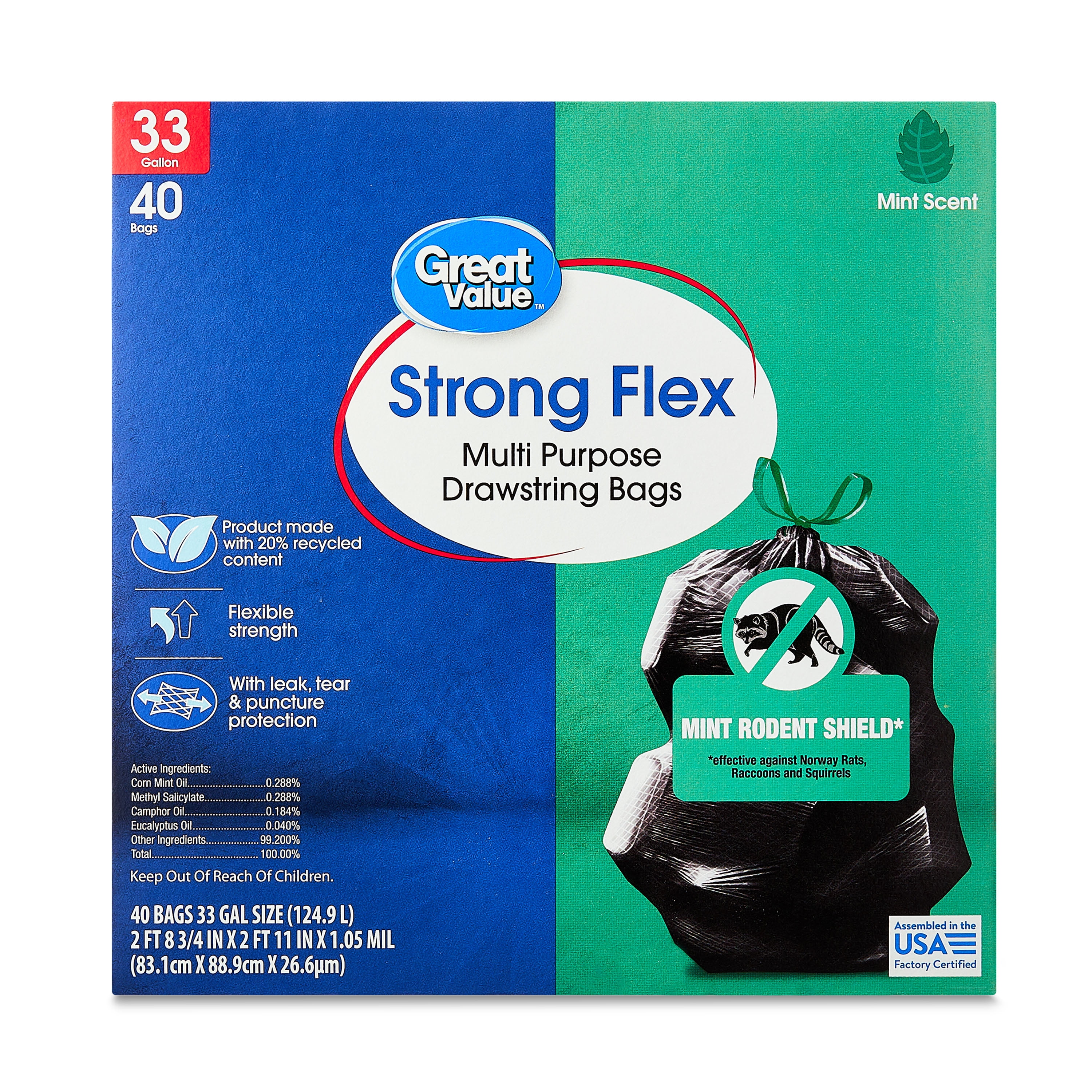 Great Value 33-Gallon Strong Flex Tall Kitchen Trash Bags, Mint Scent, 40 Bags