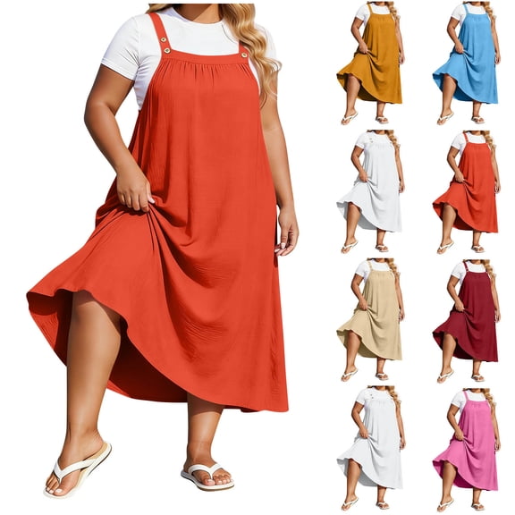 Smsaxvxz Summer Plus Size Dresses for Women 2026 Casual Solid Square Neck Wide Shoulder Strap Loose A Line Midi Sundress Orange 3XL