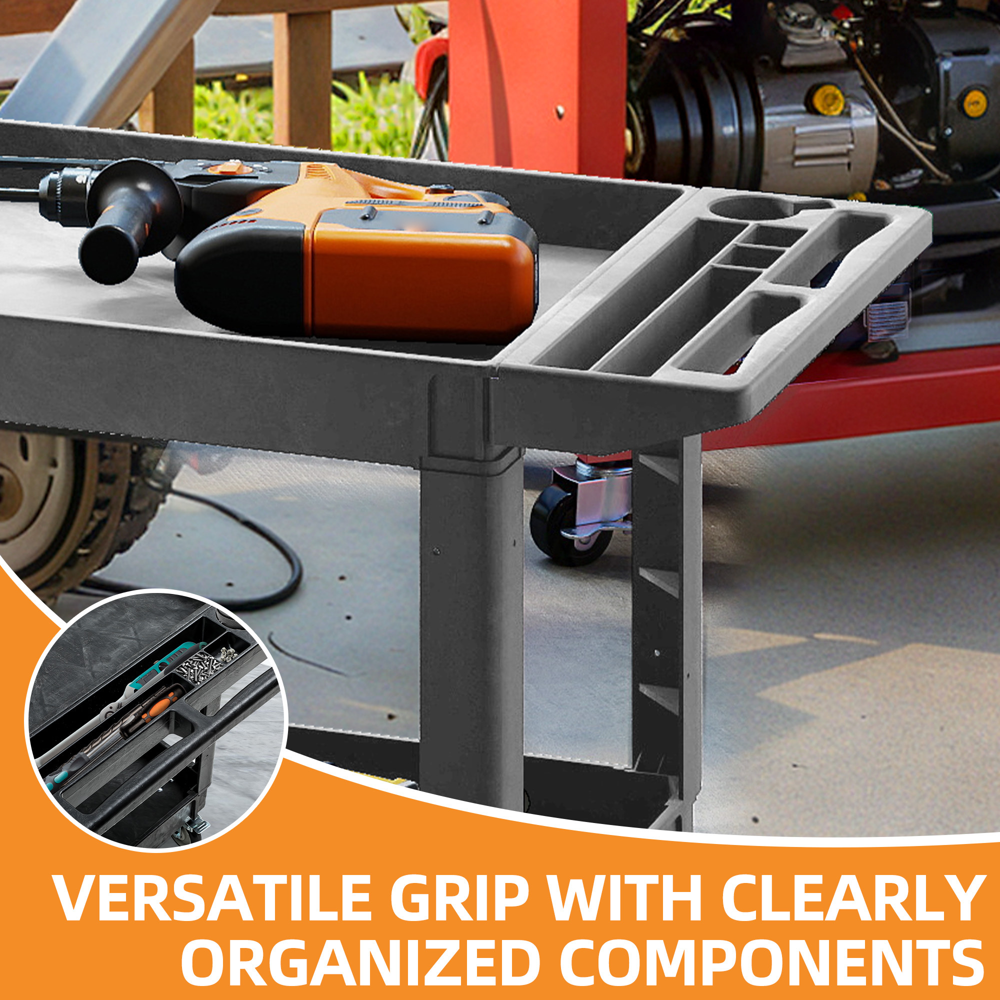 Uforic Large 2-Tier Multi-Function Tool Cart with 2 Locking Casters, 5-Inch Wheels, Gray PP Construction