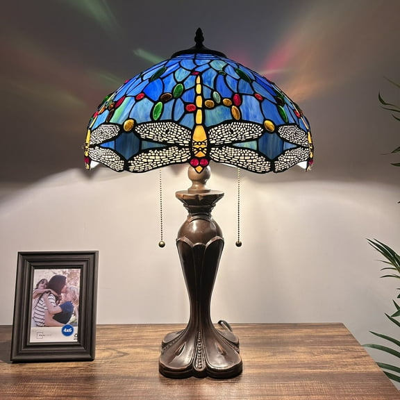 Tiffany Table Lamp Blue Stained Glass Dragonfly Vintage For Living Room Bedroom Bedside 16"W*16"D*24"H