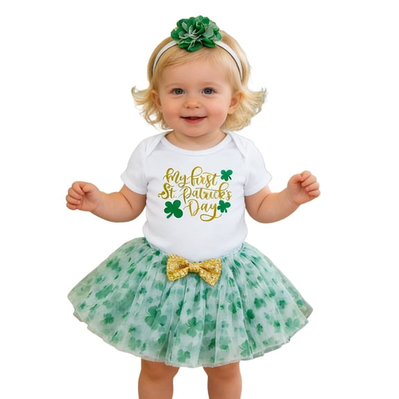 MEZZALL Kids St. Patrick's Day Girls Outfits 2 Piece Short Sleeve Bodysuit With Tutu Skirt Toddler Baby Girl Holiday Party Wear Relaxed Fit Children Fashion Clothes Sets