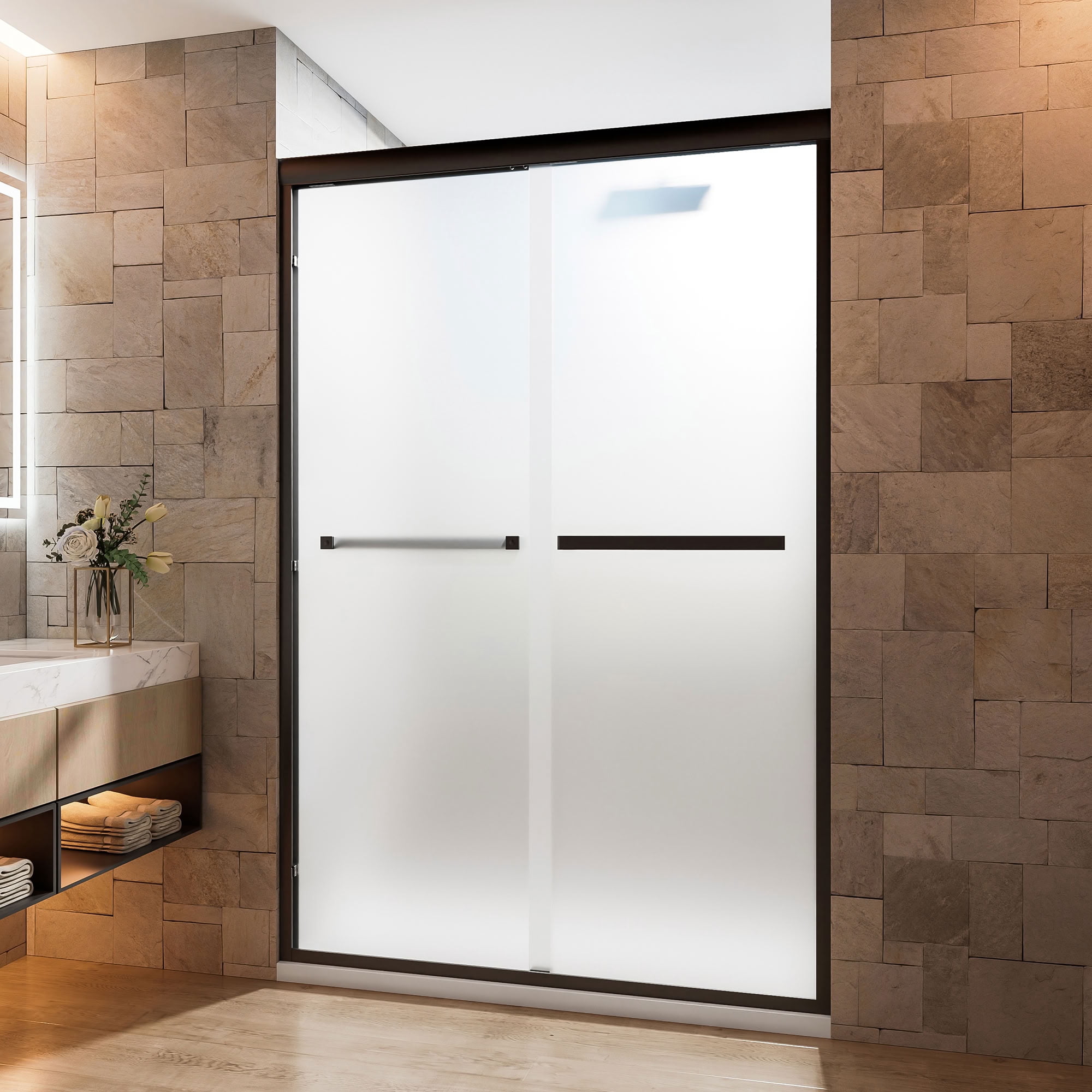 MAYEERTY Double Sliding Shower Door, Matte Black Frame, 1/4" Frosted Tempered Glass with Nano Self-Cleaning Coating, Waterproof & Reversible Installation