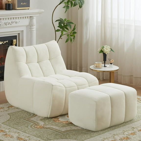 NBLDGT Comfy Lounge Chair with Ottoman, Cozy Bean Bag Chair with High-Rebound Memory Foam, Single Seat Lazy Sofa Couch for Bedroom, Living Room, Office (White)