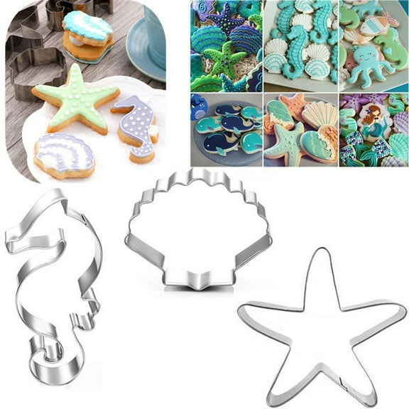 Soumake 3Pcs/Set Cookie Mold Marine Organism Shape Ornamental Easy to Release Seahorse Starfish Seashells Cookie Cutter for Fondant