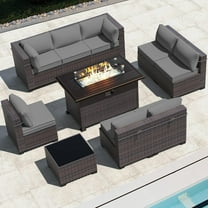 ASJMR 10 Pieces Outdoor Patio Furniture Set with Fire Pit Table,All-Weather Rattan Wicker Conversation Outside Sectional Sofa Chair Sets with Coffee Table and Grey Cushions