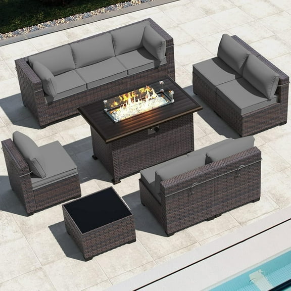ASJMR 10 Pieces Outdoor Patio Furniture Set with Fire Pit Table,All-Weather Rattan Wicker Conversation Outside Sectional Sofa Chair Sets with Coffee Table and Grey Cushions