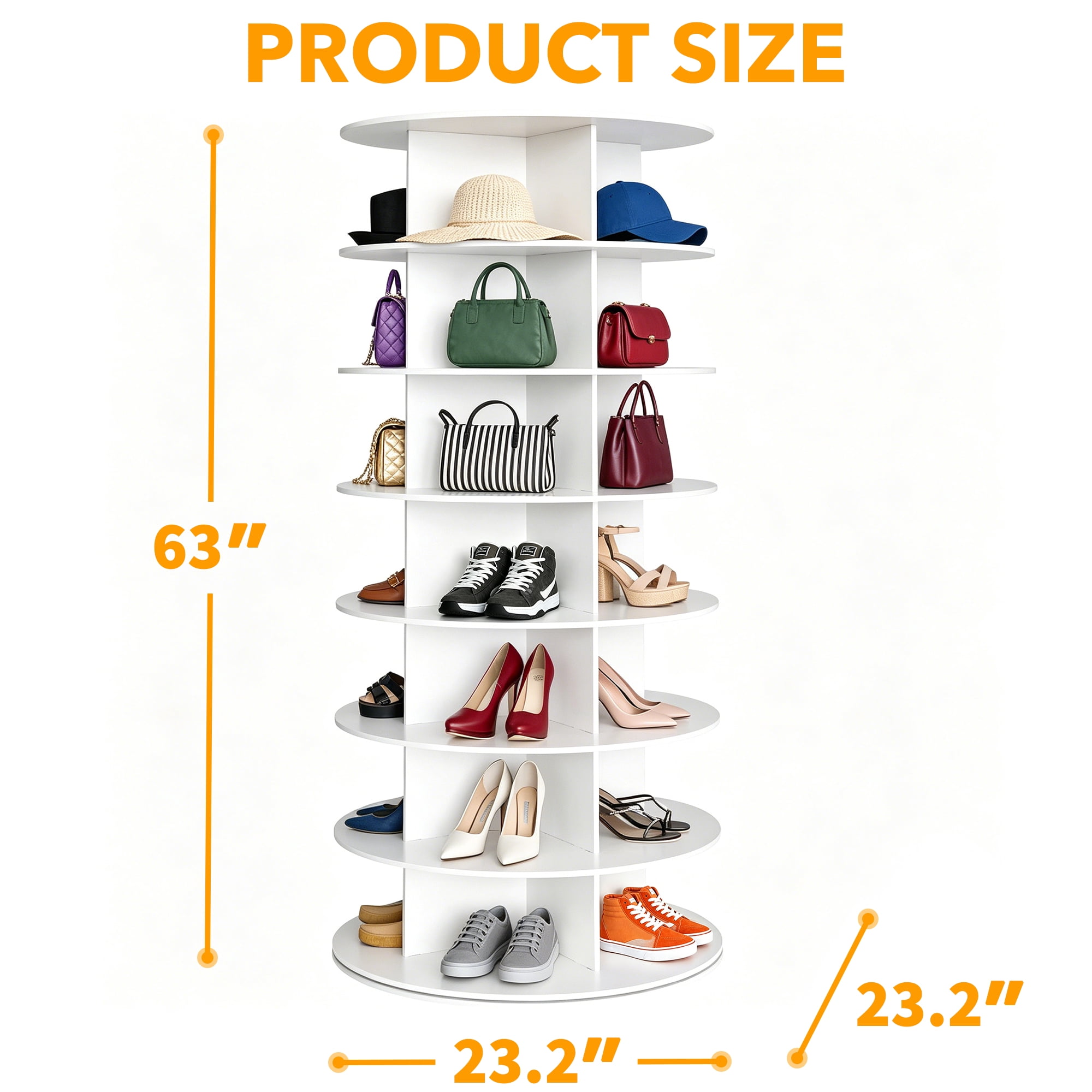 Tacwily 7-Tier Rotating Shoe Rack, 360° Spinning Shoe Organizer for Closet, Holds 28-35 Pairs, White, 63" High