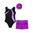 thumbnail image 3 of Doomiva Kids Girls Stylish Print Dance Unitards Sleeveless Color Block Bodysuit with Metallic Shorts Purple 10, 3 of 7