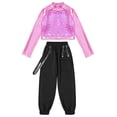 thumbnail image 3 of YEAHDOR Girls Hip Hop Dance 2Pcs Outfit Metallic Crop Top with Chain Pocket Pants Gym Yoga Suit Sportswear Pink 14, 3 of 5