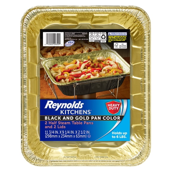 Reynolds Kitchens Heavy Duty Disposable Half Steam Pans with Lids, Black and Gold, 11.75 x 9.25 x 2.5in., 2 Count