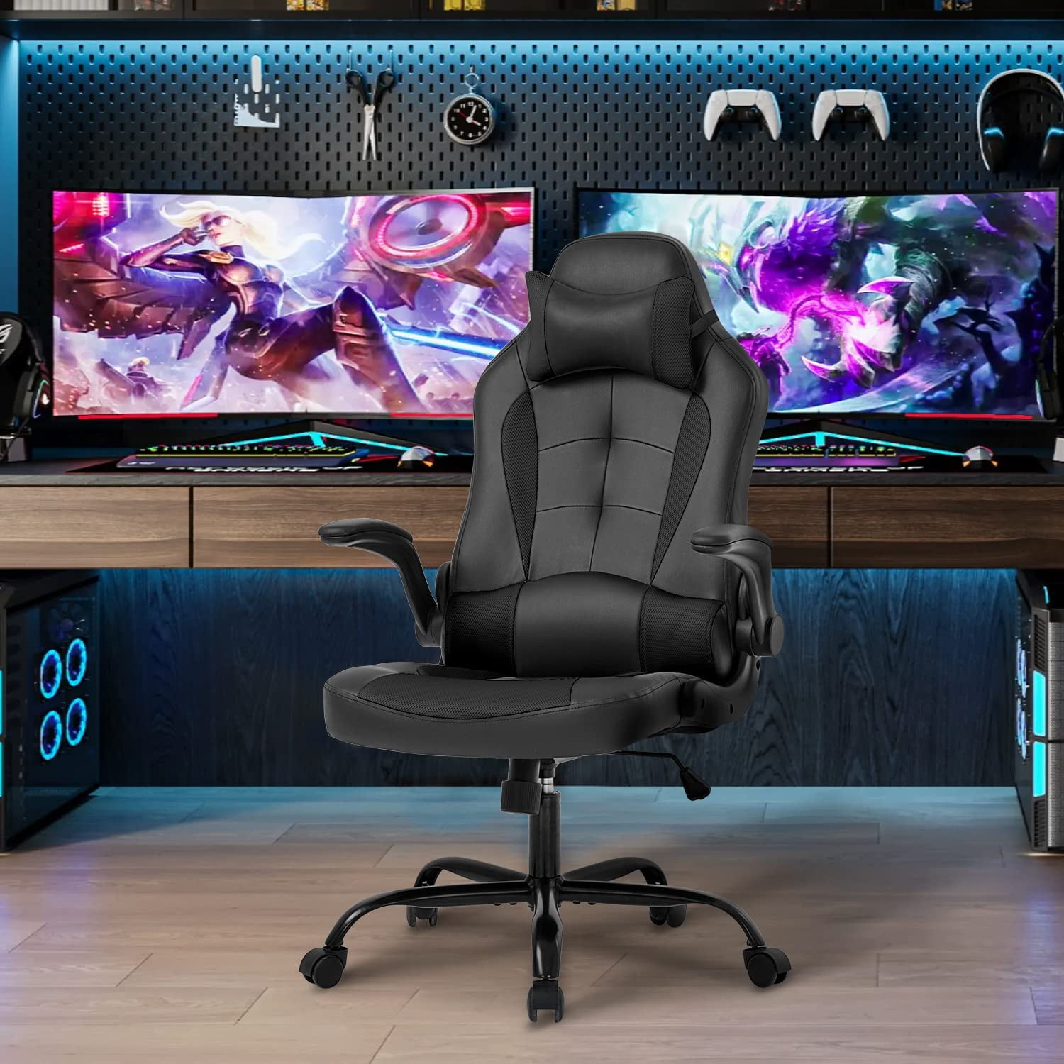 BestOffice Adult Solid Print PU Leather and Mesh PC Gaming Chair with Lumbar Support and Swivel, Black