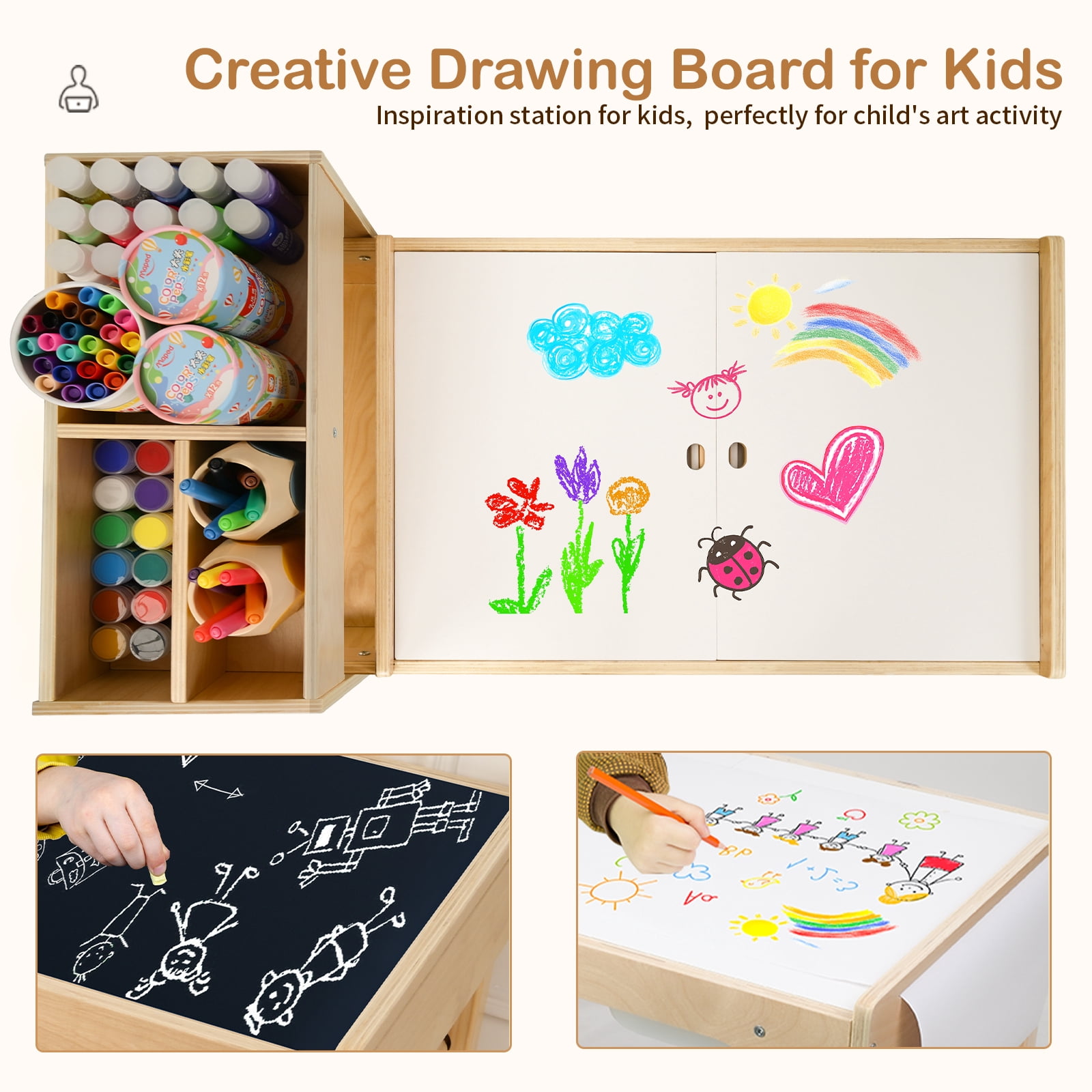 Toddler Sensory Table with Storage Shelves, Adjustable Height Kids Art Desk with Bookshelf, Wooden Activity Play Desk and Chairs for Children 1-6 Years