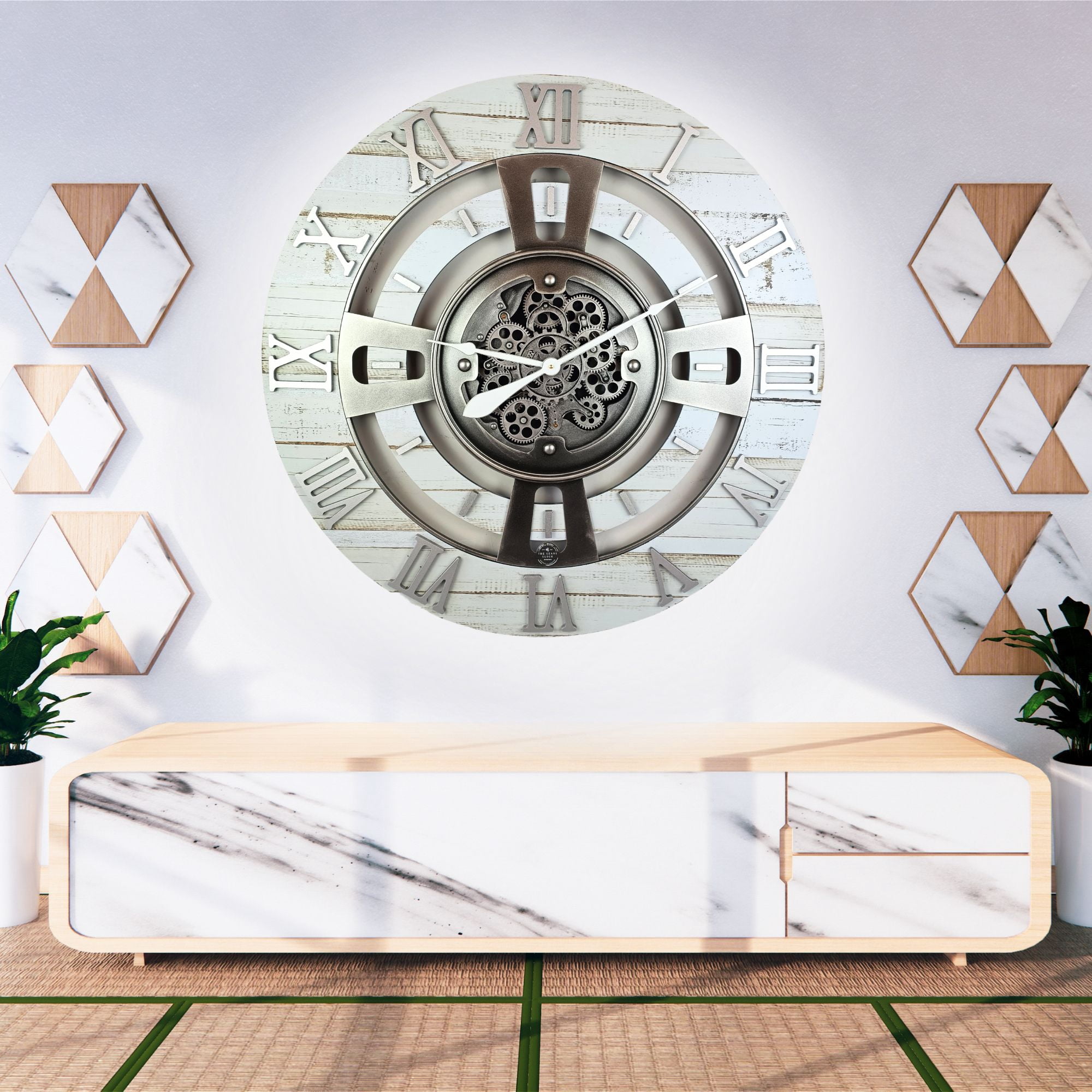 THE GEARS CLOCK Wall Clock with Real Moving Gears EN-LI_ 36 in Round Desert-Beige