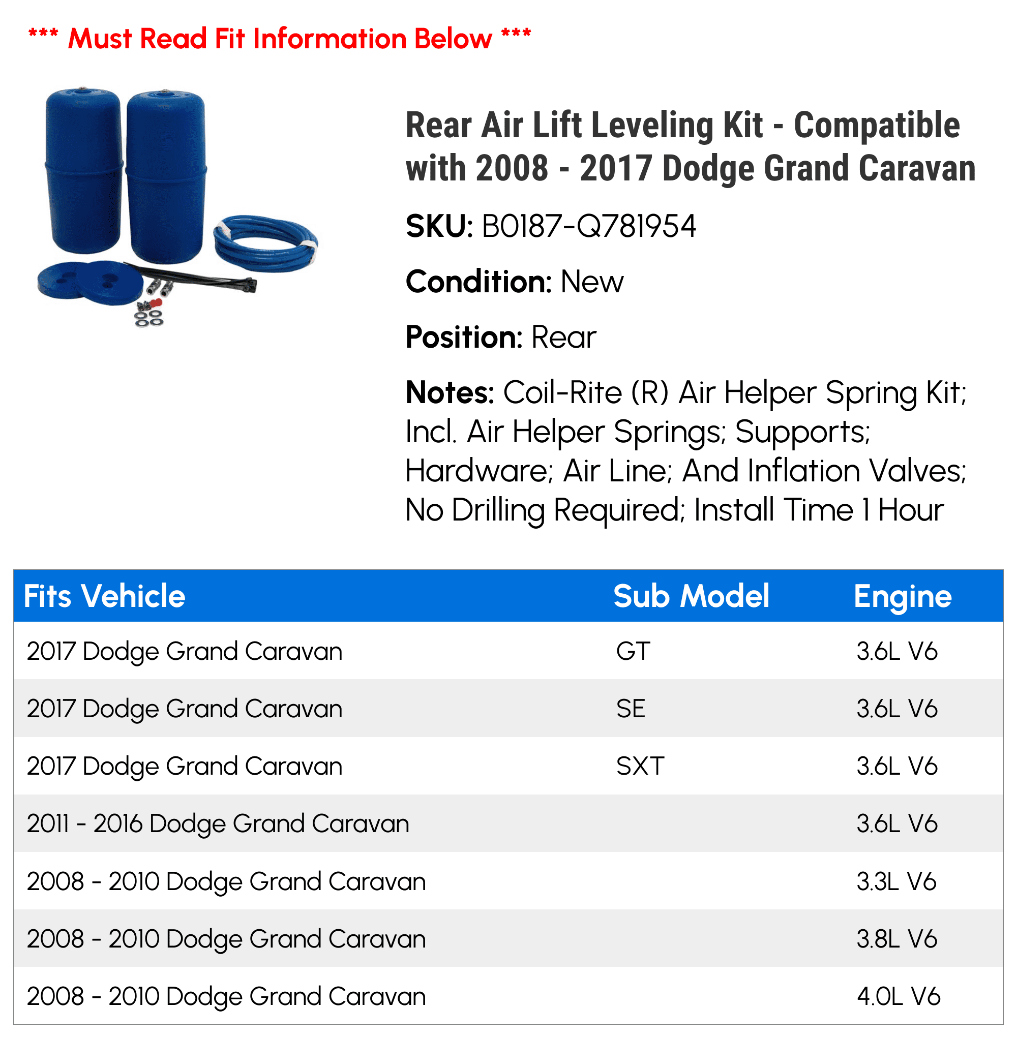 Rear Air Lift Leveling Kit - Compatible with 2008 - 2017 Dodge Grand Caravan 2009 2010 2011 2012 2013 2014 2015 2016