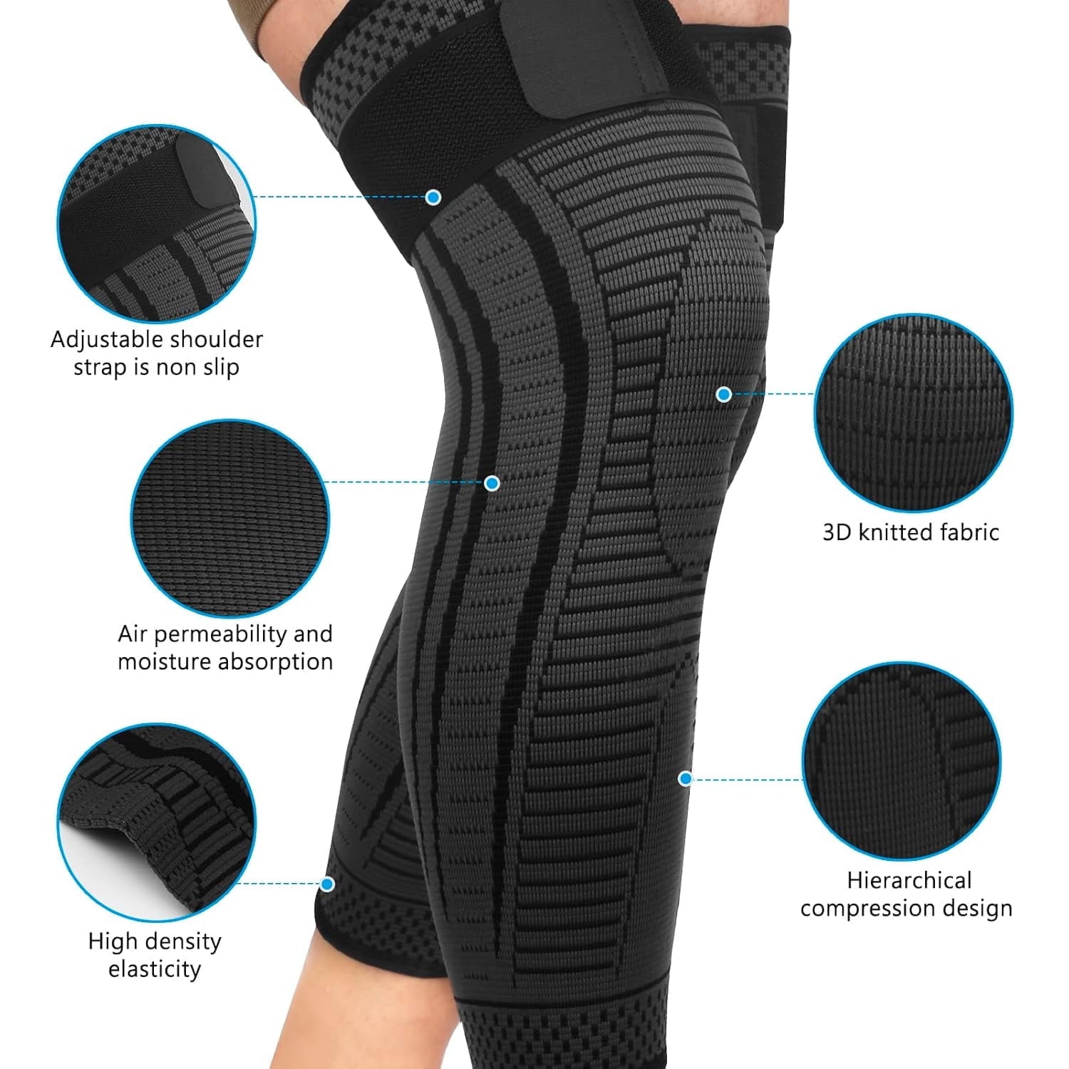 Hautllaif Full Leg Compression Sleeves 2 Pack anti Sliping Ventilation Long Knee Support with Wraps for Men and Women Long Knee Compression Sleeve for ACJ, Meniscus Tear, Arthritis (Black, X-Large)